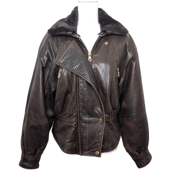 Andrew Marc Croc Embossed Brown Leather Moto Jacket Faux Fur Collar Women’s M - Picture 1 of 11